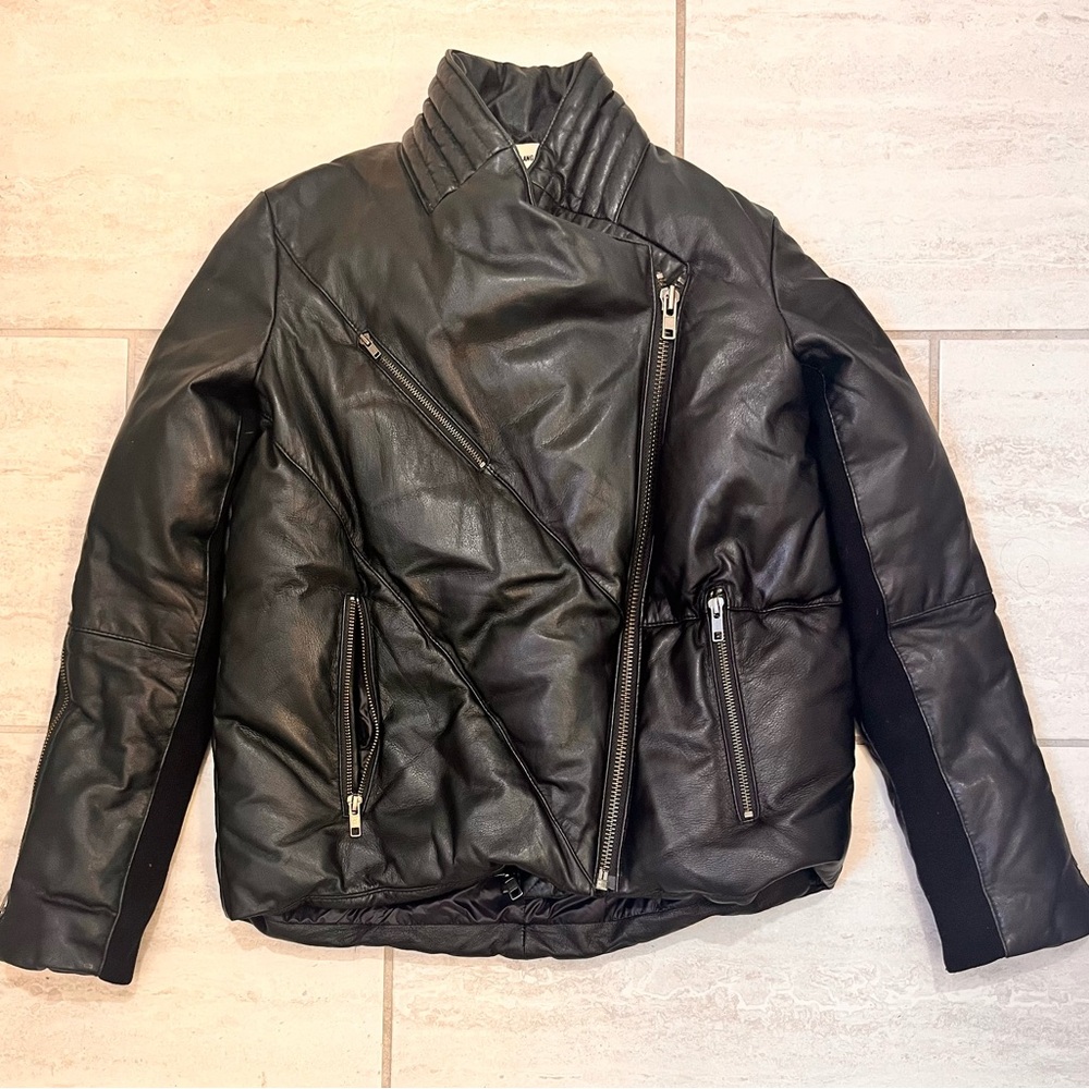 Helmut Lang Black Leather Jacket w/ Down Filling, size P
